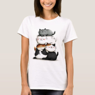 Camiseta Ilustração Whimsical de uma Pilha de Gatos Adoráve