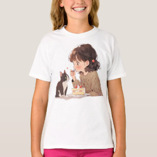 Camiseta Ilustrada de Menina Alimentando Gato An