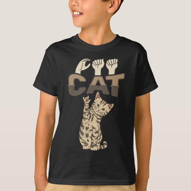 Camiseta ILY Cat ASL Gesto manual surdo audição perda de au (Frente)