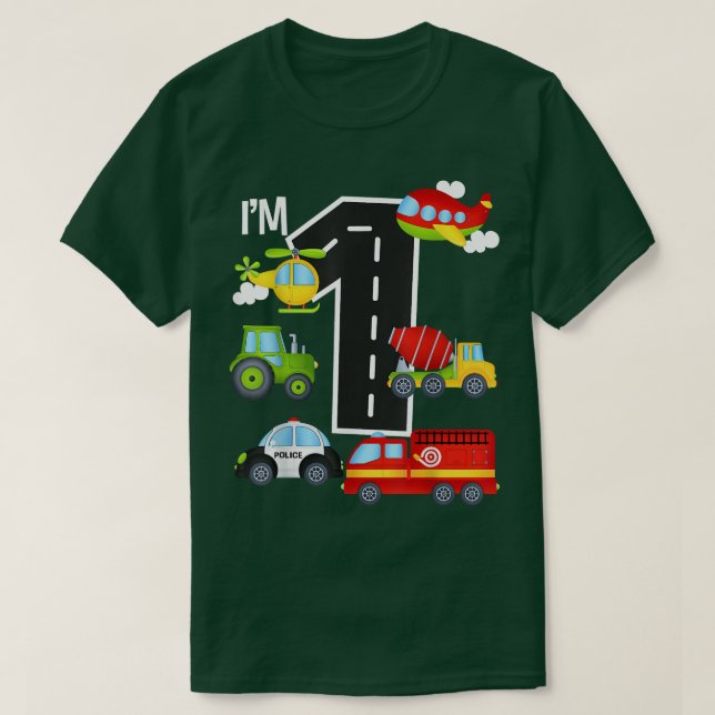 Camiseta I'm 1 Birthday Boy 1st Bday Car Fire Truck Airplan (Frente do Design)