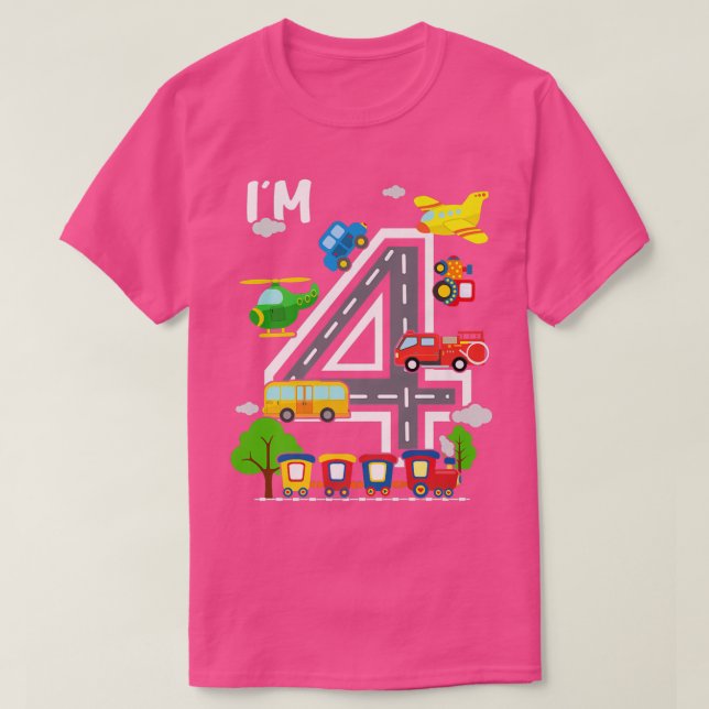 Camiseta I'm 4 Birthday Boy 4th Bday Train Car Fire Truck A (Frente do Design)