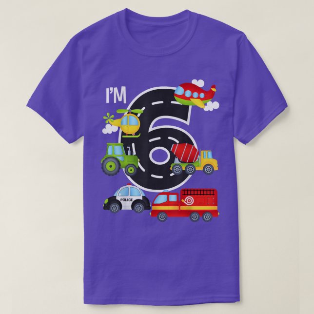 Camiseta I'm 6 Birthday Boy 6th Bday Car Fire Truck Airplan (Frente do Design)