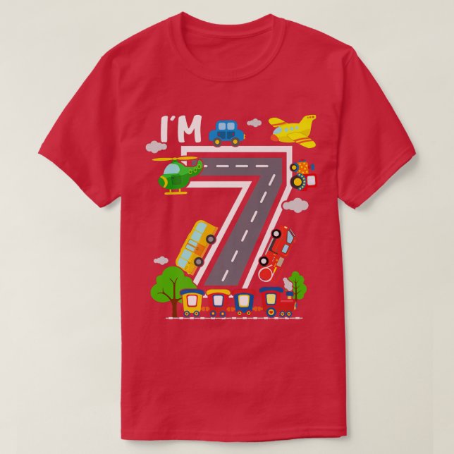 Camiseta I'm 7 Birthday Boy 7th Bday Train Car Fire Truck A (Frente do Design)