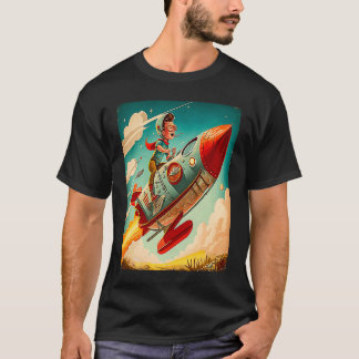 Camiseta Imagem Antiga do Young Boy Pilot Riding Rocket Rac