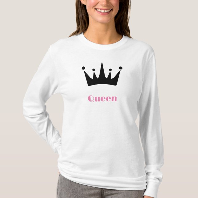 Camiseta Imagem da Coroa com Texto da Rainha Branco Manga L (Frente)