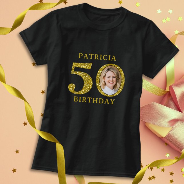 Camiseta Imagem de aniversário do Elegant Black Dourado Gli ( Unique 50th Birthday Photo T-shirt in Black Gold Glitter | Mark Your Special Day With Fashion)