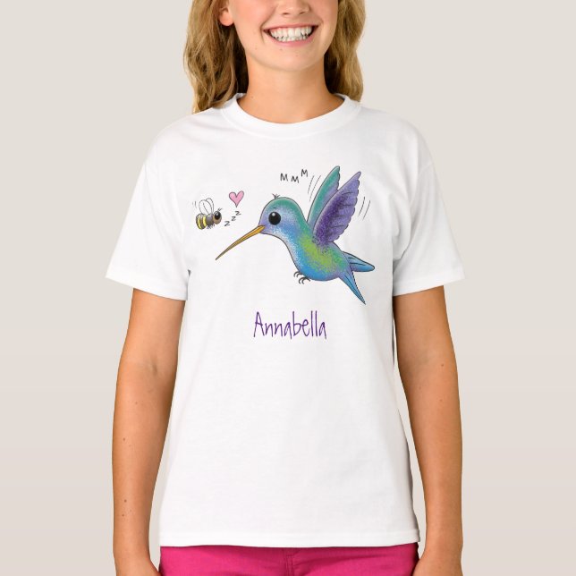 Camiseta Imagem de desenho animado de bee hummingbird (Frente)