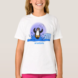 Camiseta Imagem de desenho animado de pinguim de salto feli