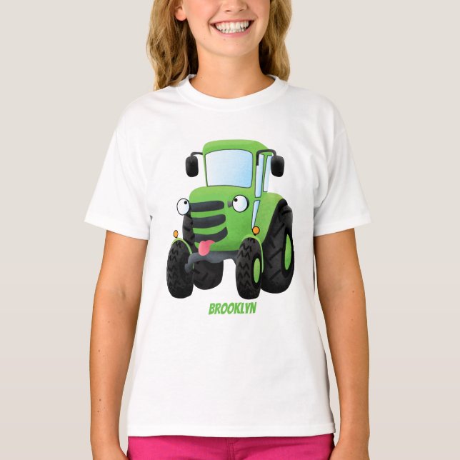 Camiseta Imagem de desenho animado de trator fazenda verde- (Frente)
