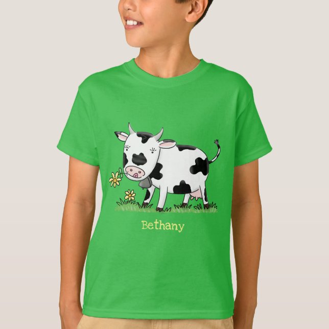 Camiseta Imagem de desenho animado de uma vaca em verde (Frente)