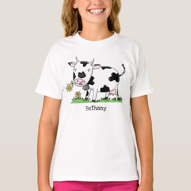 Camiseta Imagem de desenho animado de uma vaca em verde (Frente)