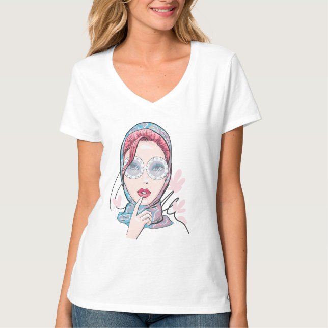 Camiseta Imagem de moda bela mulher em óculos (Frente)