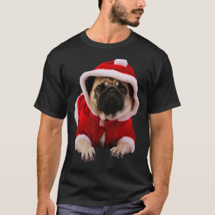 Camiseta Imagem de Natal de Pug Marrom Fofo com Chapéu de P