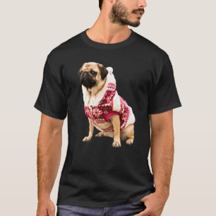 Camiseta Imagem de Pug Marrom Claro com Chapéu de Papai Noe