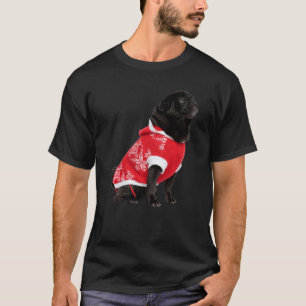 Camiseta Imagem de Pug Preto Fofo com Chapéu de Papai Noel