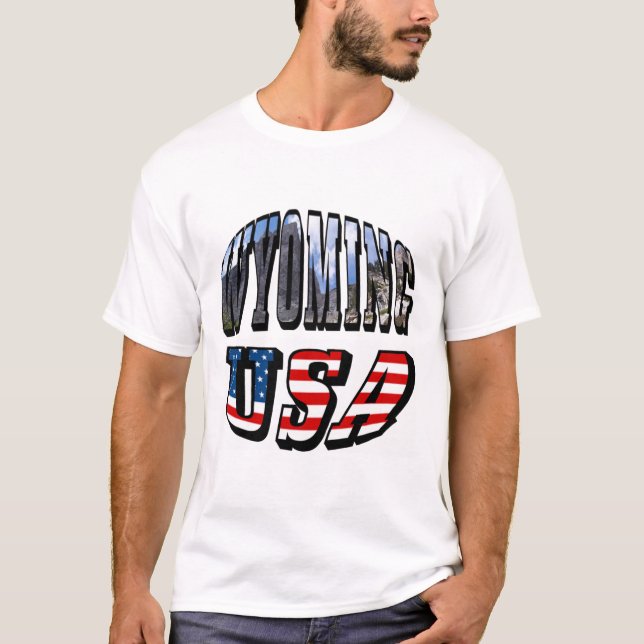 Camiseta Imagem do Wyoming e Texto do Sinalizador EUA (Frente)