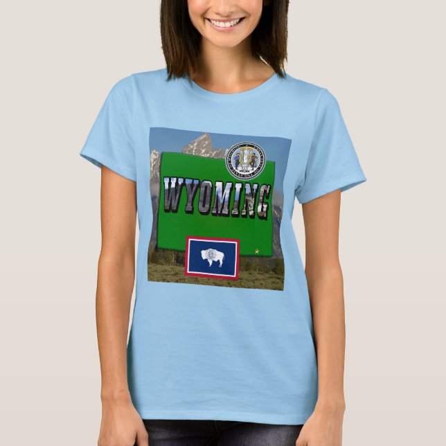 Camiseta Imagem e texto em Wyoming, Mapa, Sinalizador e Sel (Frente)