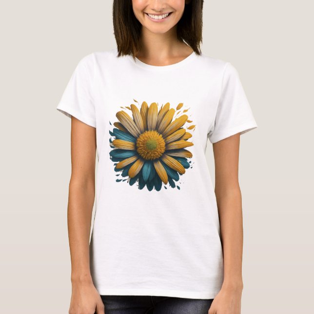 Camiseta imagem estilizada de uma margarida florescente, (Frente)