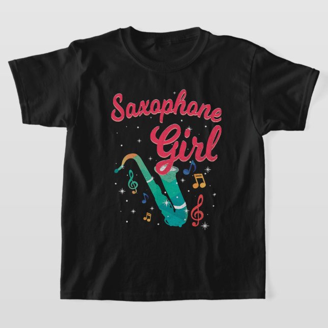 Camiseta Imagens Musicais de Meninas Saxofônicas Notas de C (Postura )