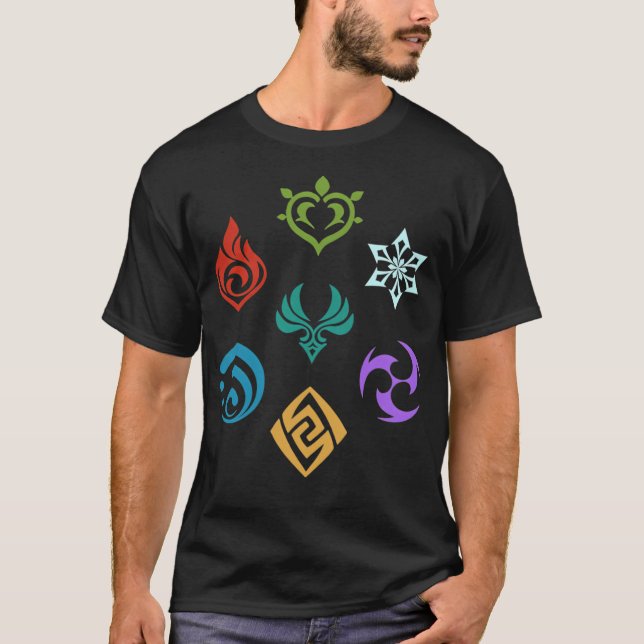Camiseta Impacto de Genshin Todos os Elementos (Frente)