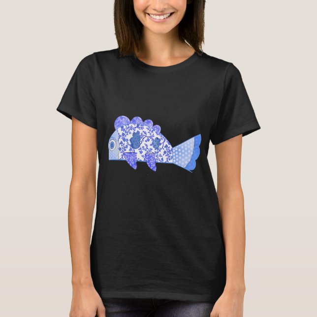 Camiseta Impressão artística de peixe azul (Frente)