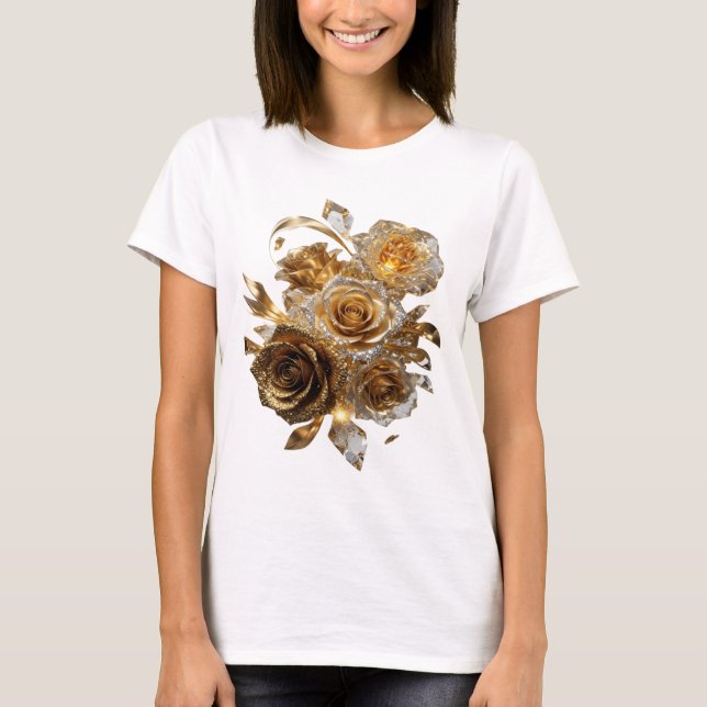 Camiseta Impressão Artística de ROSAS DORADAS em Prata (Frente)