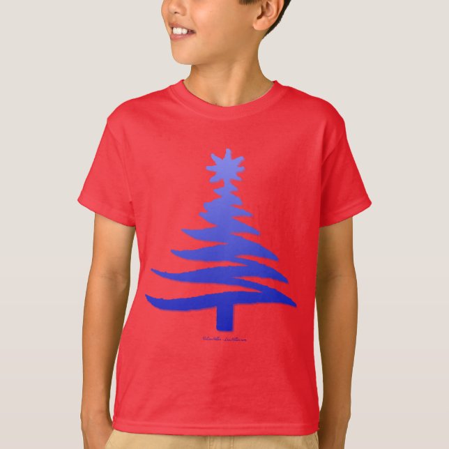 Camiseta Impressão Azul-Estêncil de Árvore de Natal Moderno (Frente)