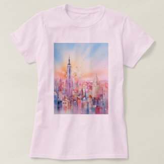 Camiseta Impressão de Aquarela, Nova Iorque, T-Shirt Rosa A