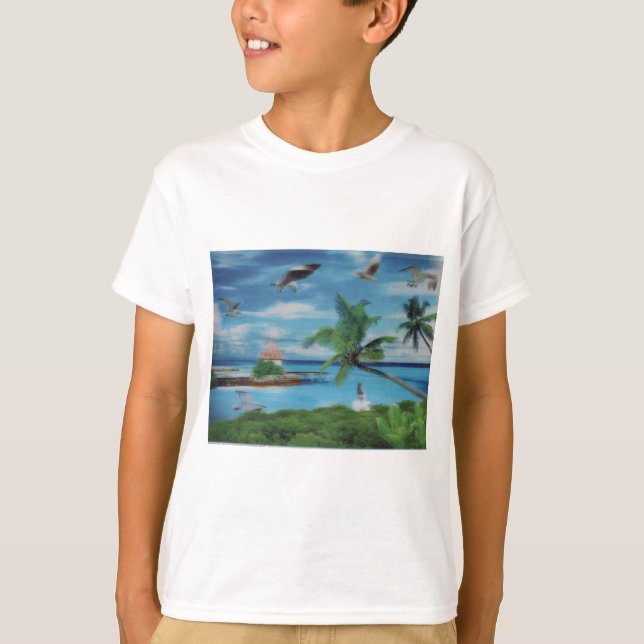 Camiseta Impressão de Arte de Cena de Praia Tropical (Frente)