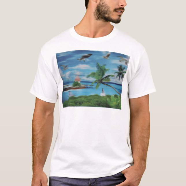 Camiseta Impressão de Arte de Cena de Praia Tropical (Frente)