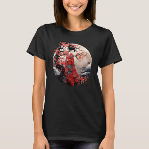 Camiseta Impressão de Arte Geisha Japonesa Tradicional Kimo
