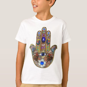 Camiseta Impressão de Arte Opala Hamsa Judaica Corações Flo