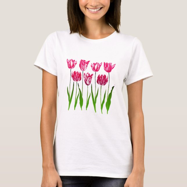 Camiseta Impressão de Jardim das Tulipas em Rosa e Verde de (Frente)