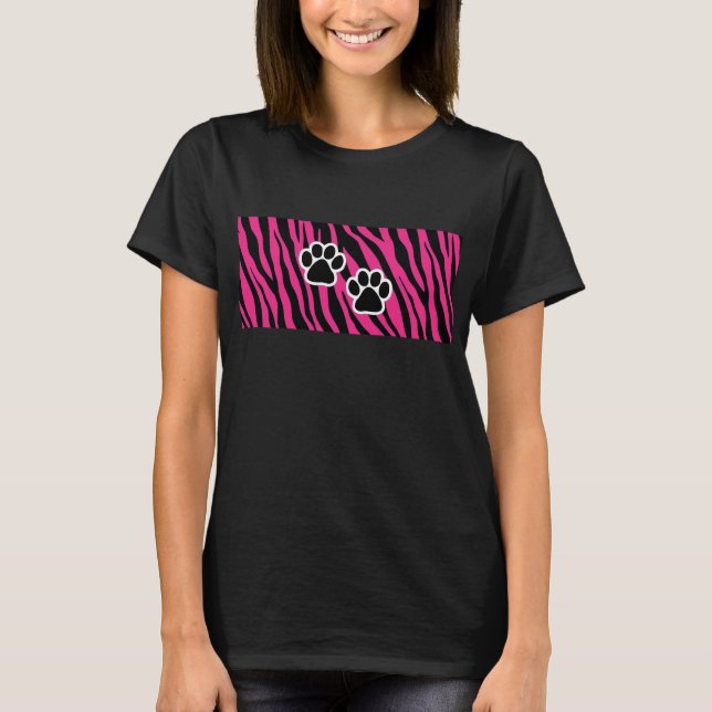 Camiseta Impressão de pata, riscas de animais cor-de-rosa e (Frente)
