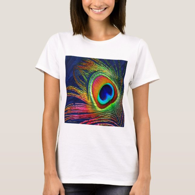 Camiseta Impressão de Pena de Pavão Colorida (Frente)