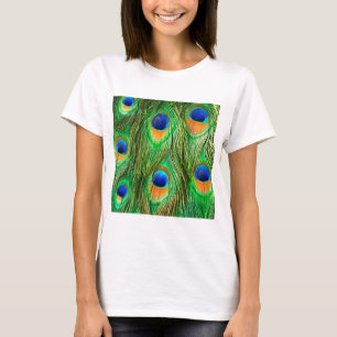 Camiseta Impressão de Penas de Pavão Coloridas