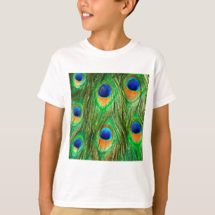 Camiseta Impressão de Penas de Pavão Coloridas