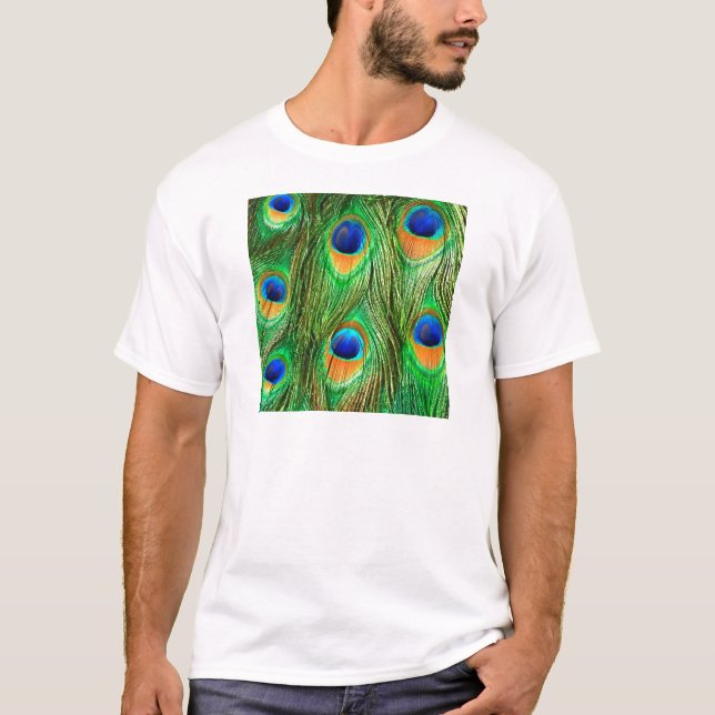Camiseta Impressão de Penas de Peacock Coloridas (Frente)