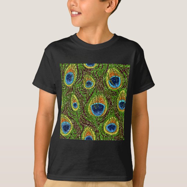 Camiseta Impressão de Penas de Peacock Coloridas (Frente)