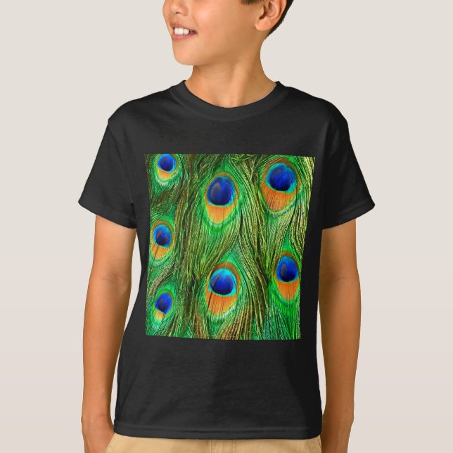 Camiseta Impressão de Penas de Peacock Coloridas (Frente)