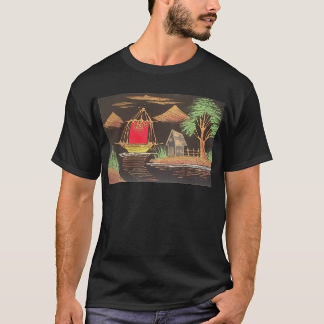 Camiseta Impressão de pintura de óleo em veleiro vermelho (Frente)