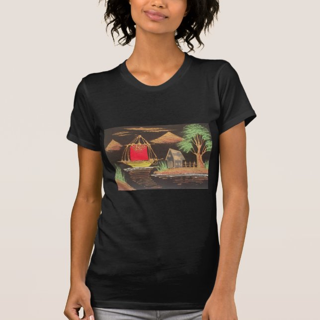 Camiseta Impressão de pintura de óleo em veleiro vermelho (Frente)