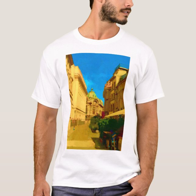 Camiseta Impressão de Pintura Digital de Palácio Bucareste (Frente)