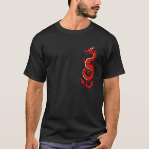 Camiseta Impressão de Tatuagem Vertical do Dragão Vermelho