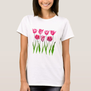Camiseta Impressão do Jardim Tulipino em Fuchsia Rosa e Ve