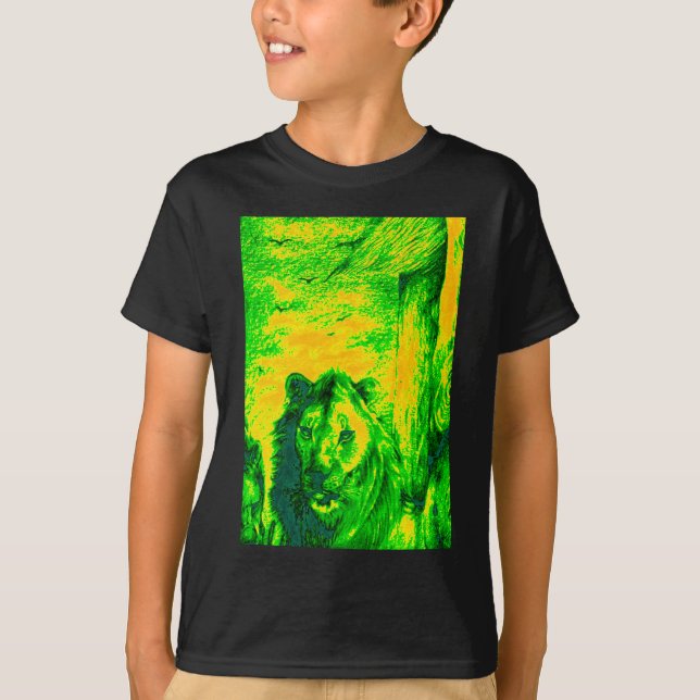 Camiseta Impressão Fluorescente de Arte Lion de Visão Notur (Frente)