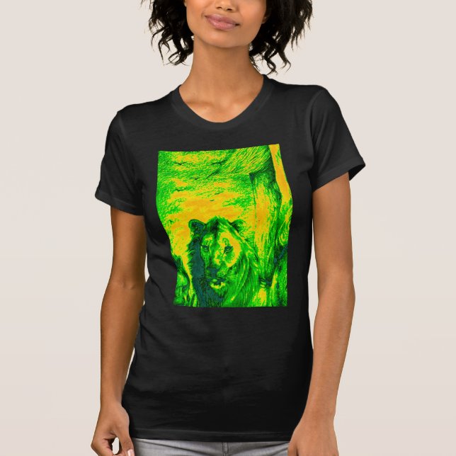 Camiseta Impressão Fluorescente de Arte Lion de Visão Notur (Frente)