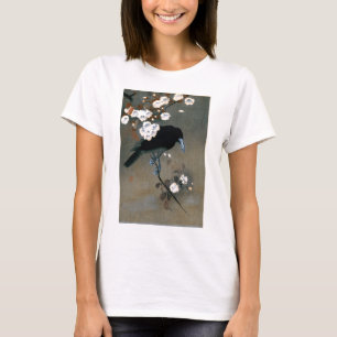 Camiseta Impressão japonês de Woodblock do corvo e da flo