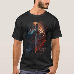 Camiseta Impressão traseira Espada flamejante e escudo o sí