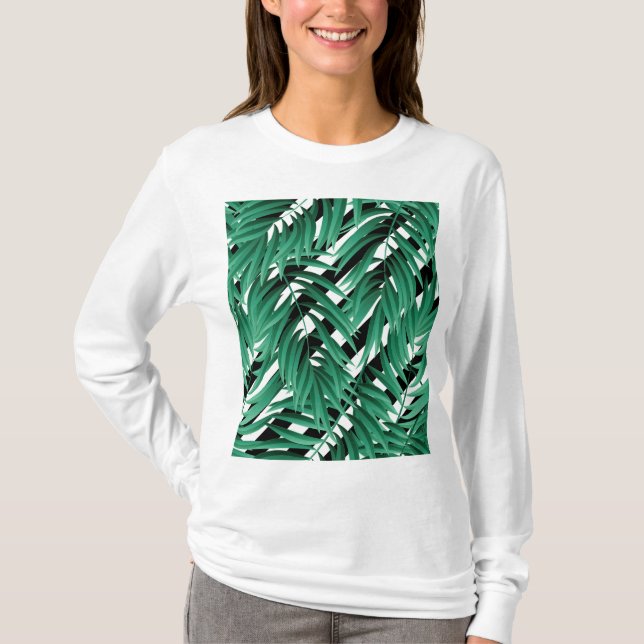 Camiseta Impressão tropical verde-preto e branco (Frente)
